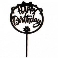 Cake topper happy birthday rond zwart strik